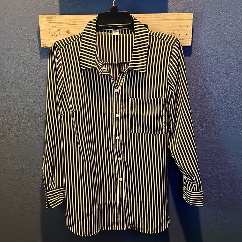 Black and white strip button up blouse- size: Medium Petite